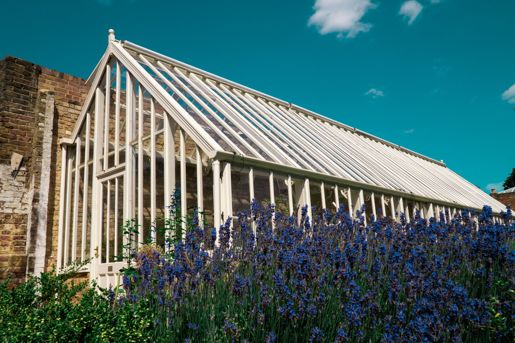 Gartenschlauch beim Abspülen einer Glasfläche im Freien