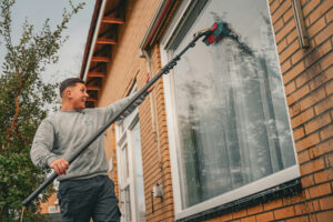 Teleskopbürste zur Glasreinigung im Einsatz